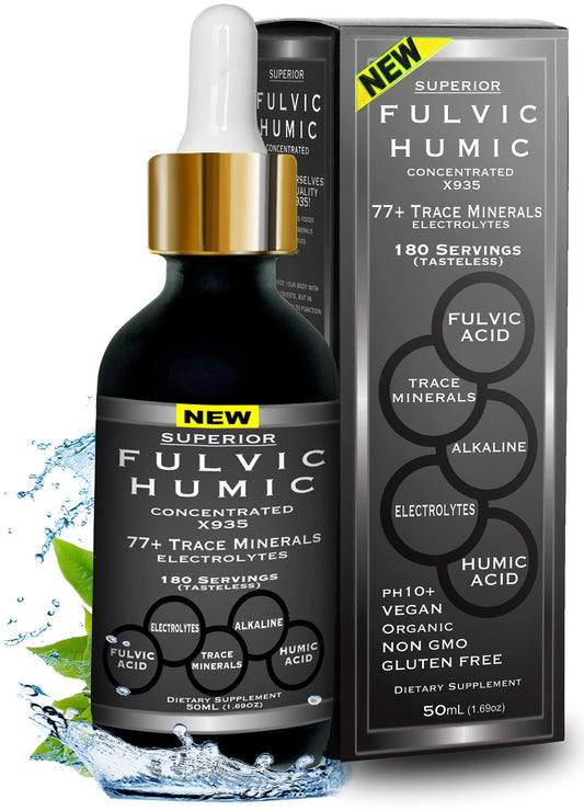 SUPERIOR FULVIC HUMIC X935 bottle with dropper offering minerals and electrolytes for hydration.