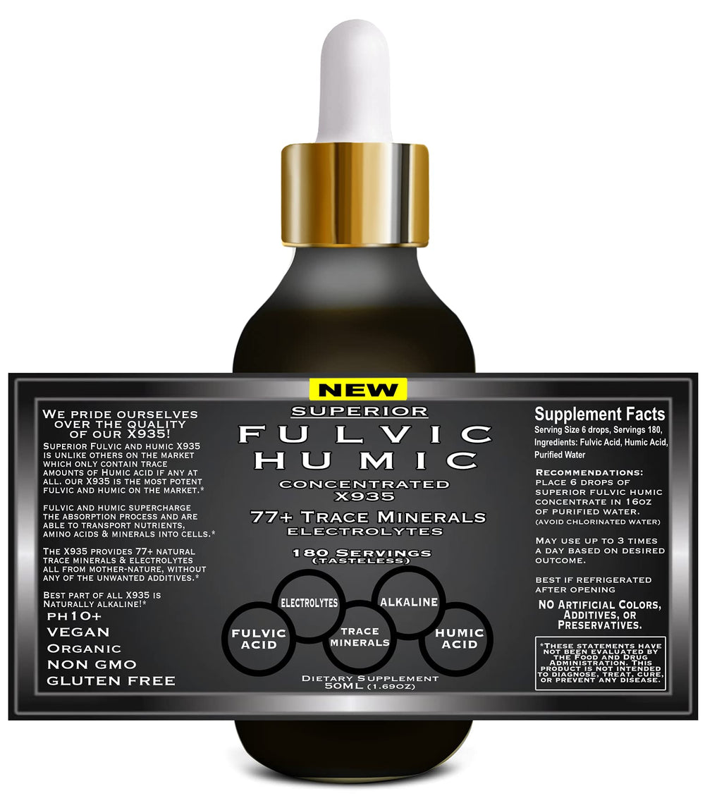 Ingredients list highlight minerals, fulvic and humic acids for trace nutrition.
