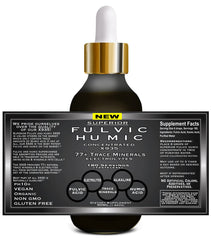 Ingredients list highlight minerals, fulvic and humic acids for trace nutrition.