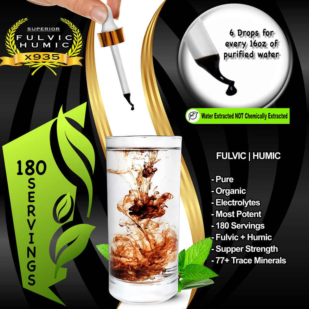 Superior Fulvic Humic X935 liquid drops highlighting mineral-rich formula for gut support and energy.