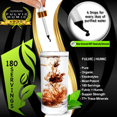 Superior Fulvic Humic X935 liquid drops highlighting mineral-rich formula for gut support and energy.