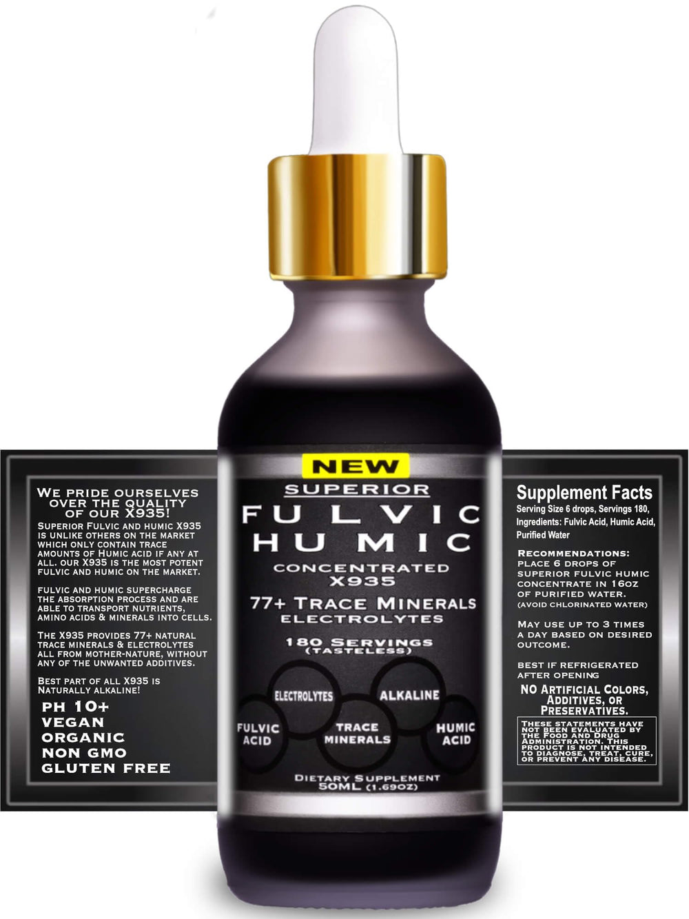 Superior Fulvic Humic X935 USA-made packaging signals non-GMO, vegan, and allergen-friendly formula.