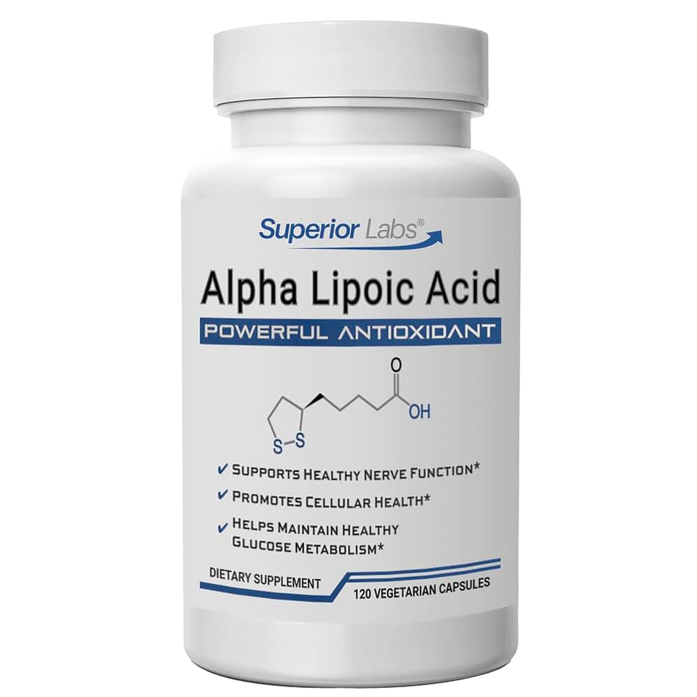 Superior Labs Alpha Lipoic Acid 600 mg bottle front promoting everyday antioxidant support