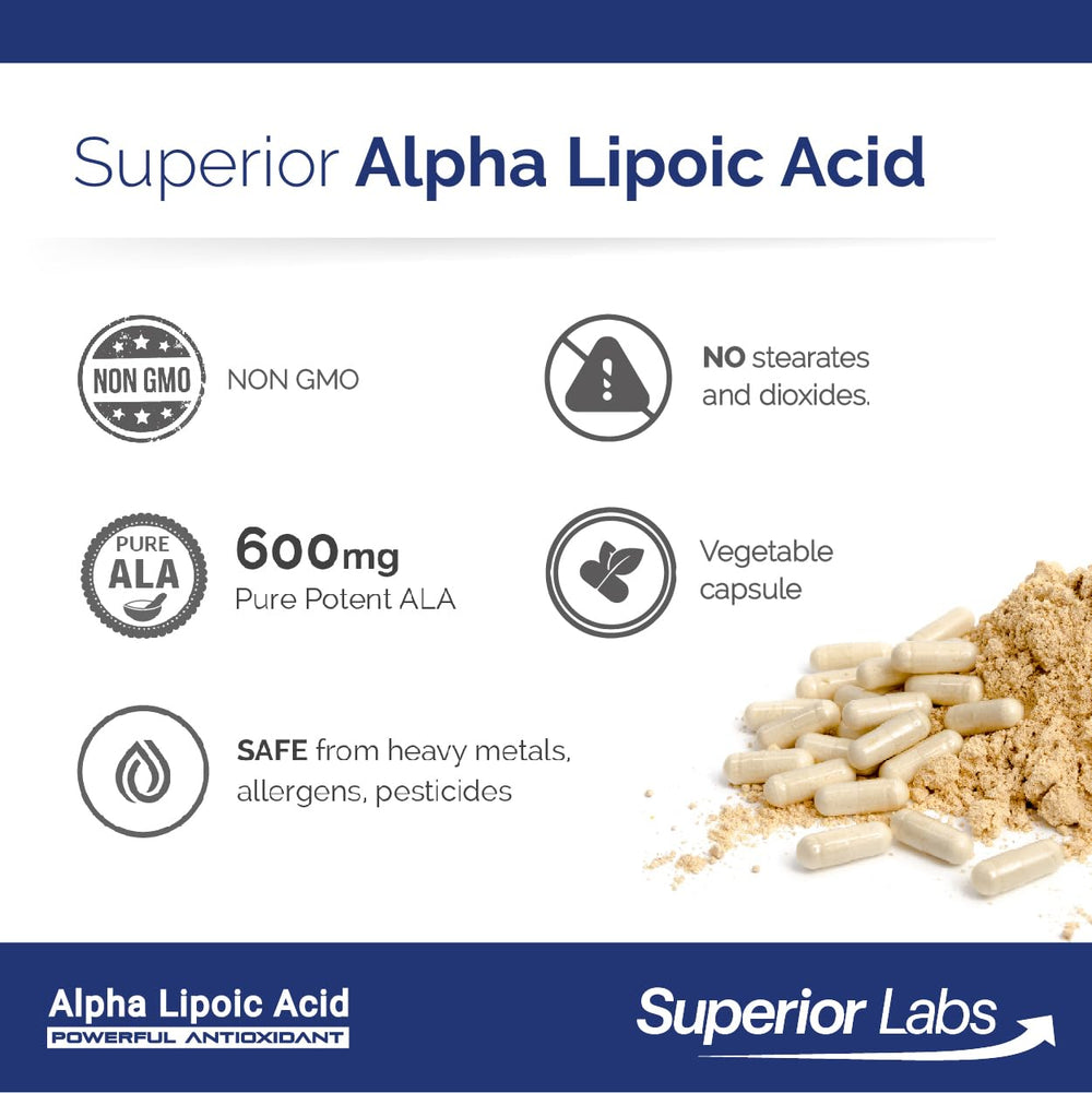 Superior Labs Alpha Lipoic Acid 600 mg bottle on desk conveys daily wellness integration