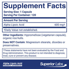 Superior Labs Alpha Lipoic Acid 600 mg capsules close-up highlights non-GMO formula