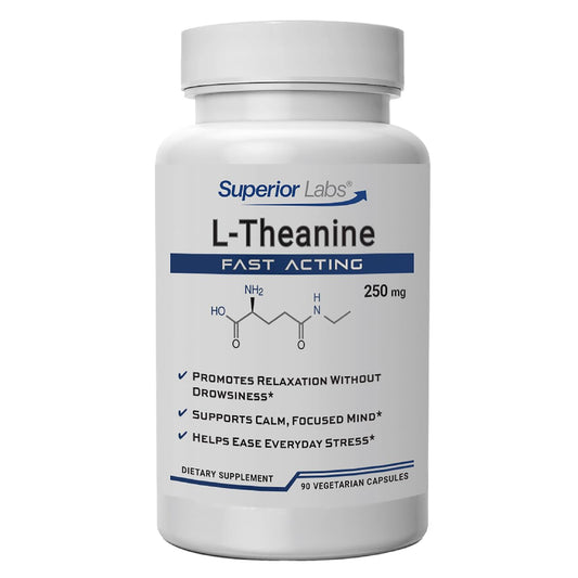 Superior Labs L-Theanine 250 mg bottle with clear packaging signaling quality and daily use potential