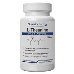 Superior Labs L-Theanine 250 mg bottle with clear packaging signaling quality and daily use potential