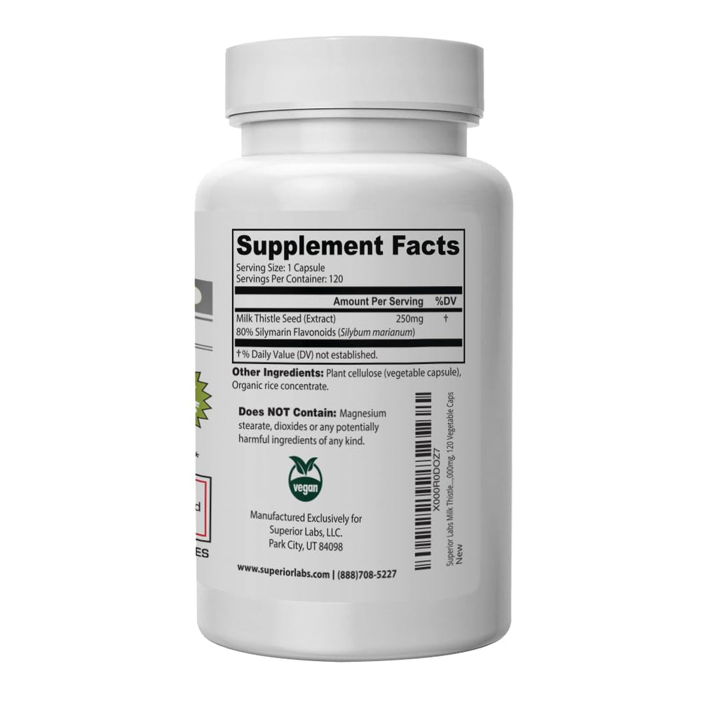 Superior Labs Milk Thistle capsules close-up for convenient non-GMO supplementation.