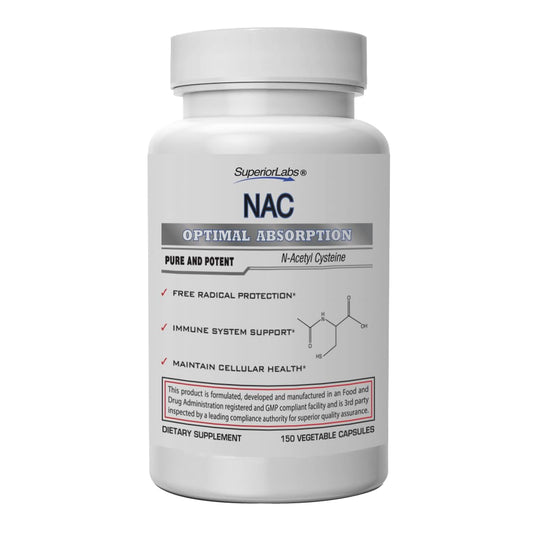 Superior Labs NAC 1200mg bottle with vegetarian capsules for daily antioxidant support