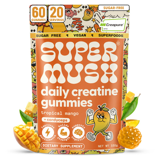 SuperMush Daily Creatine Gummies bottle closeup shows easy daily energy support