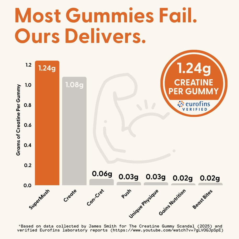 SuperMush Daily Creatine Gummies energy-focus scene hints cognitive support