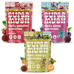 SuperMush Daily Passion Gummies bottle with strawberry flavor for daily arousal support.