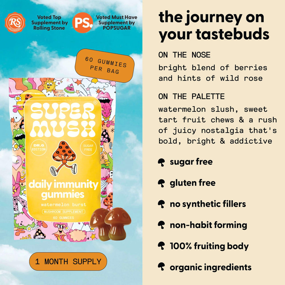SuperMush Dr. G Daily Greens Gummies with ashwagandha for calm energy on busy days.