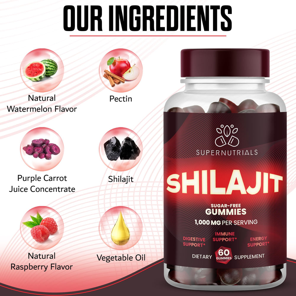 SUPERNUTRIALS Shilajit Gummies pour, convenient on-the-go energy.