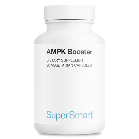 Supersmart AMPK Booster bottle with 90 vegetarian capsules for daily energy support.