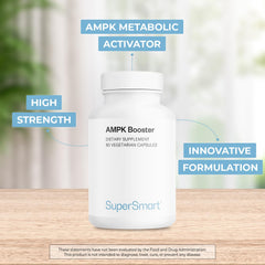 Supersmart AMPK Booster label highlighting non-GMO and gluten-free formula.