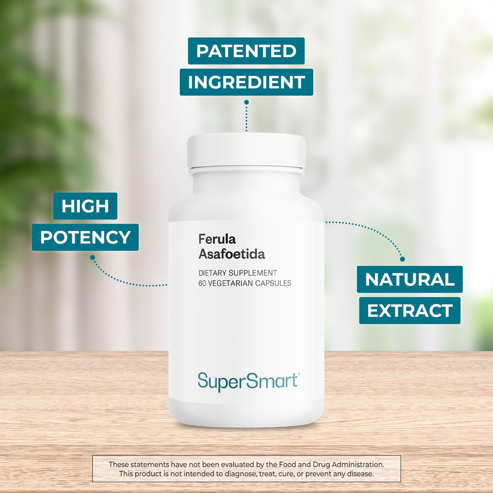Supersmart Asafin capsules highlighting high potency with 2% volatile oils.