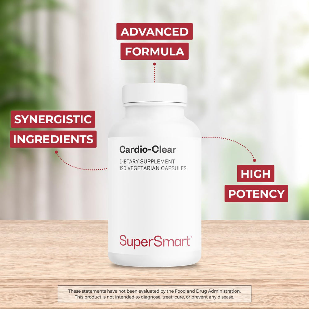 Supersmart Cardio Clear capsules inside bottle showing vegetarian formula.