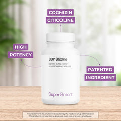 Supersmart CDP Choline bottle shows four-capsule daily dosage.