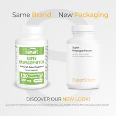Supersmart Devils Claw label close-up shows 20% harpagosides potency.
