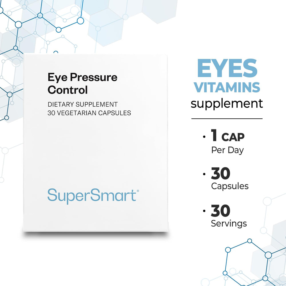 Packaging shot of Supersmart Eye Pressure Control box and bottle on display.