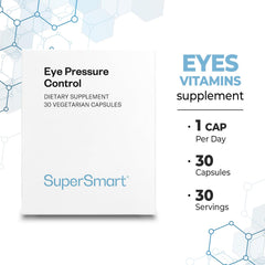 Packaging shot of Supersmart Eye Pressure Control box and bottle on display.