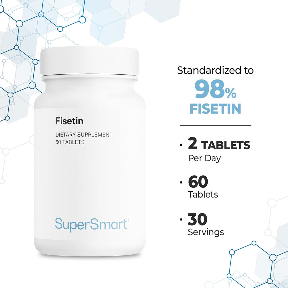 Ingredient panel shows fisetin from Rhus succedanea stem and purity details.