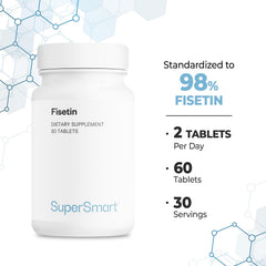 Ingredient panel shows fisetin from Rhus succedanea stem and purity details.