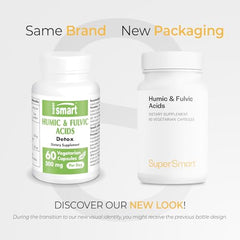 Supersmart Humic-Fulvic acid capsules closeup highlights vegetarian capsules for daily wellness.