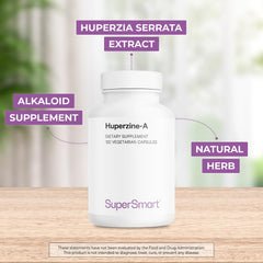 Back label of Supersmart Huperzine-A bottle shows vegan and gluten-free ingredients.