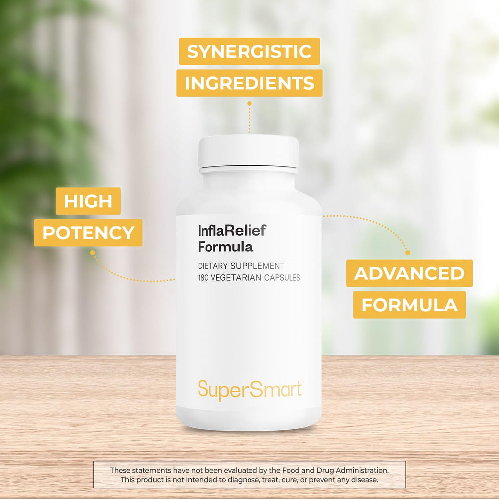 Supersmart InflaRelief ingredients bottle suggests a natural blend for daily use.