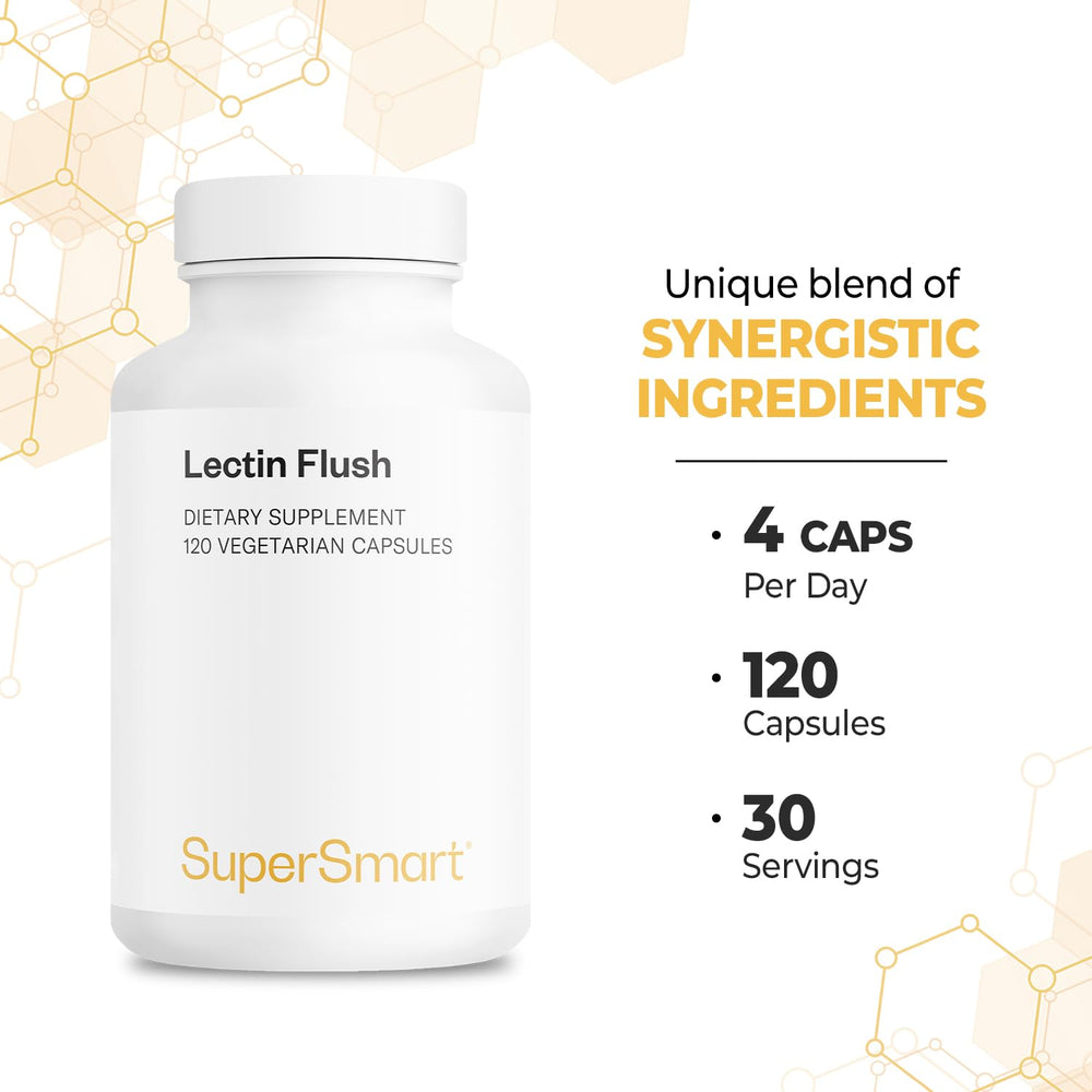 Supersmart Lectin Flush packaging box showcases non-GMO and gluten-free claims.