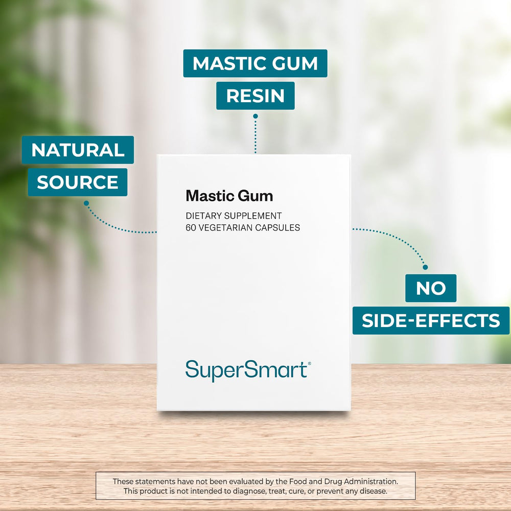 Packaging graphic for Supersmart Mastic Gum highlights gluten-free and non GMO formulation
