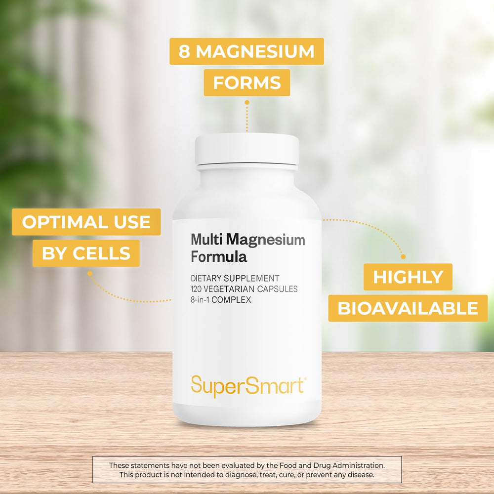 Supersmart Multi Magnesium Formula label highlights the eight magnesium forms for better bioavailability.