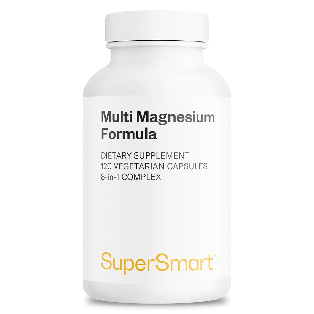 Supersmart Multi Magnesium Formula bottle front shows full spectrum eight forms for daily support.