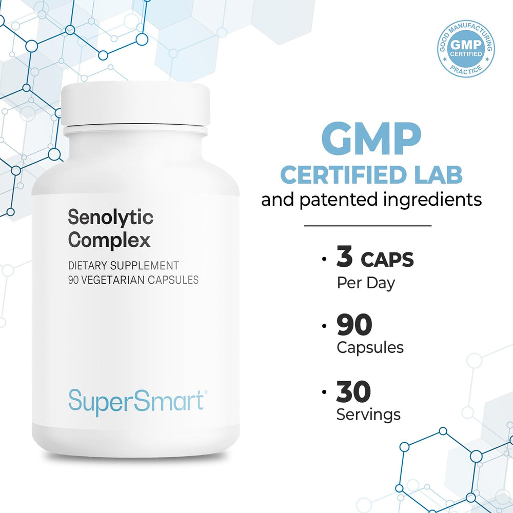 Supersmart Senolytic Complex bottle on wood communicates non-GMO and gluten-free features.