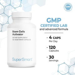 Supersmart Stem Cells Activator bottle side view with gluten-free and vegetarian friendly badges.