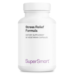 Supersmart Stress Relief Formula bottle label highlights natural ingredients for calm support.