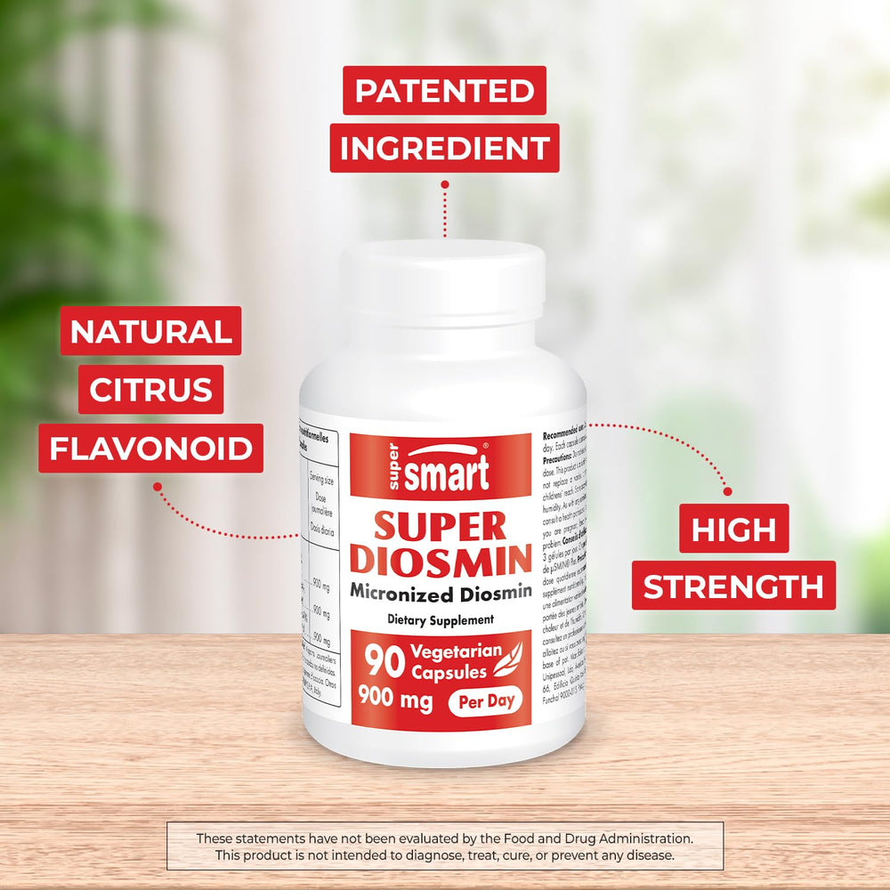 Supersmart Super Diosmin capsules close-up showing vegetarian formula for daily use.