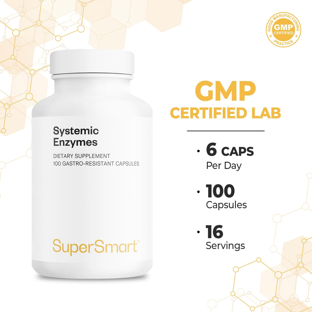 Capsules with water beside Supersmart Systemic Enzymes for easy premeal intake.