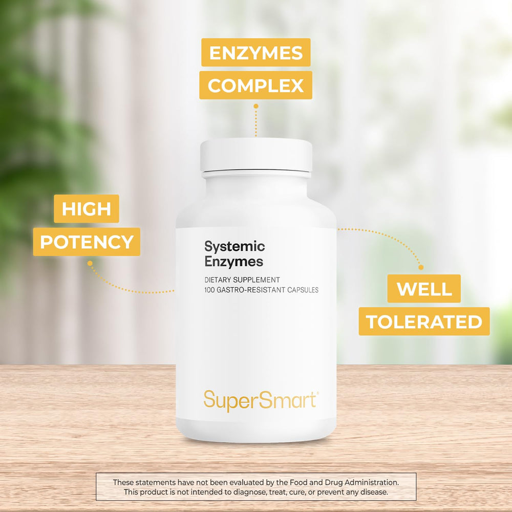Detail of Supersmart Systemic Enzymes label showing non-GMO and gluten-free notes.