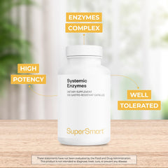 Detail of Supersmart Systemic Enzymes label showing non-GMO and gluten-free notes.