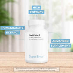 Supersmart Urolithin A capsules closeup highlighting vegan and gluten-free formula.