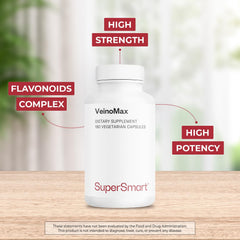 Supersmart VeinoMax bottle label highlighting gluten-free and non-GMO features.
