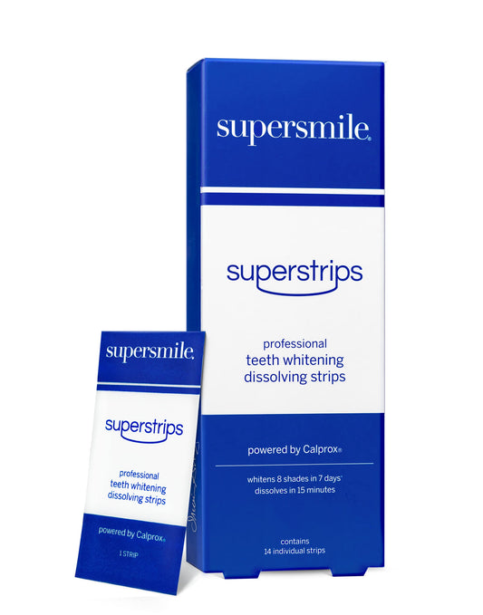 Supersmile dissolving superstrips pack front view showing mess-free whitening