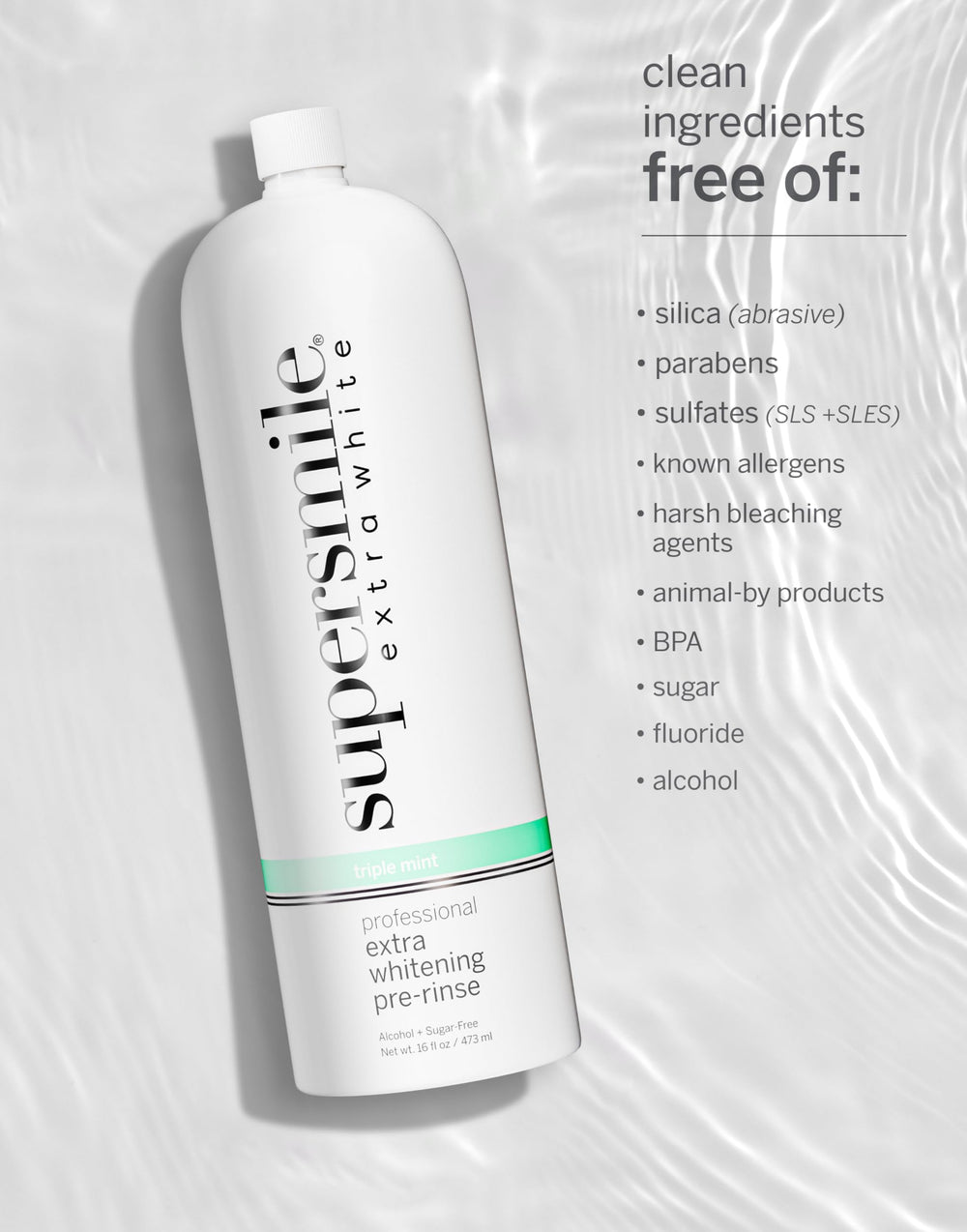 Supersmile bottle with mint backdrop signaling fresh breath care