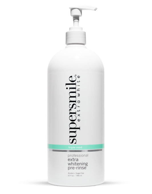 Supersmile Jumbo Extra Whitening Pre-Rinse bottle for a refreshing pre-whitening boost.