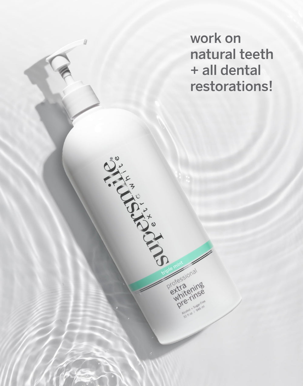 Supersmile pre-rinse shown with dentures or veneers for a shinier smile.