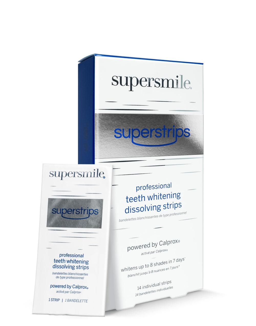 Supersmile Superstrips packaging close-up, showcasing a convenient at-home whitening option.