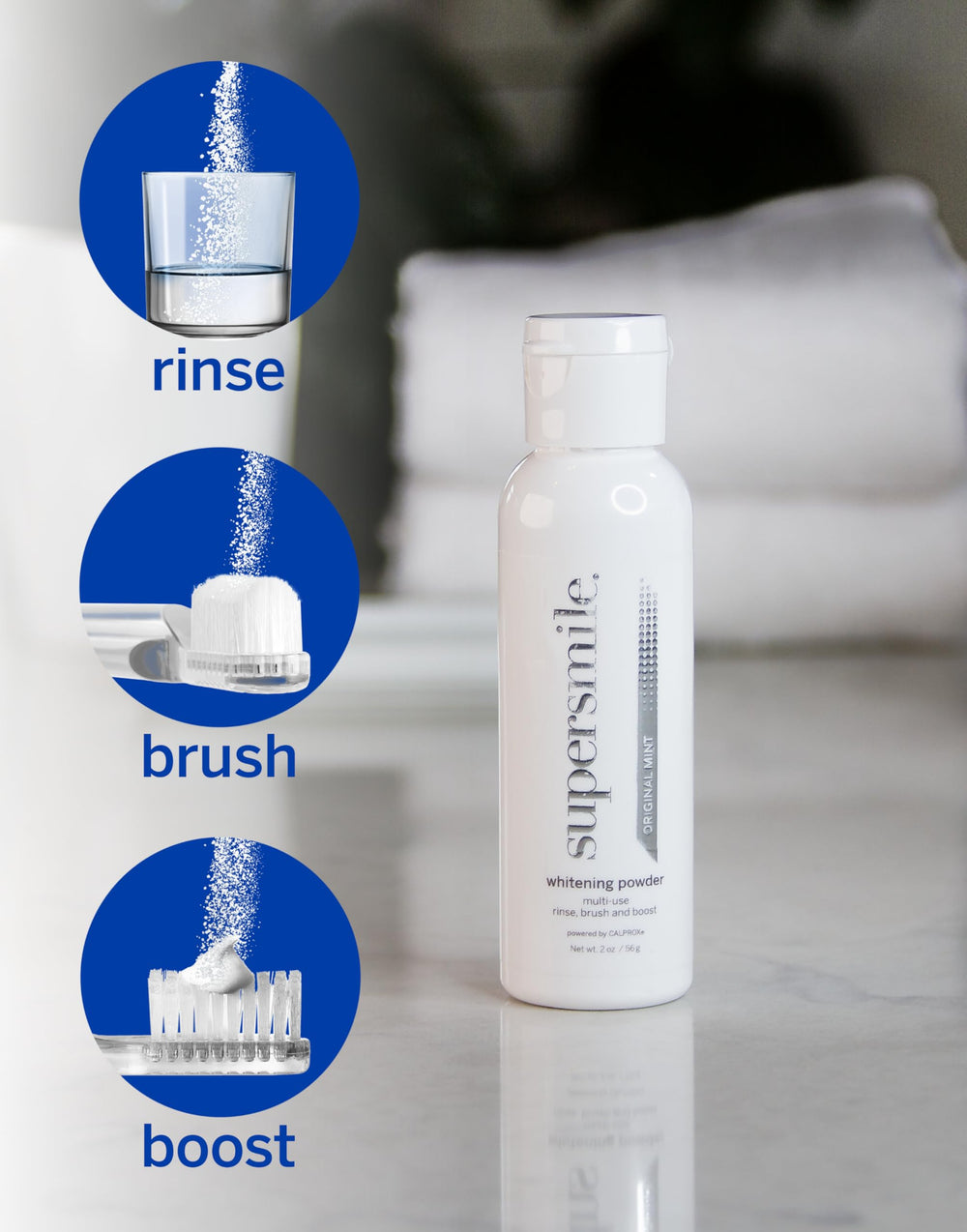 Supersmile triple-use powder boost application for brighter-looking teeth
